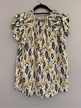 Rose & Olive Navy and Olive Ikat Ruffle Sleeve Blouse
